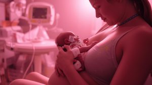 Madre haciendo método cangüro con su bebé prematuro